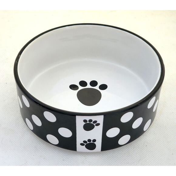 PetRageous Designs Other - PET DISH/PETRAGEOUS-Black & White-Polka Dots-Paw Prints-5" Diameter 2" Tall